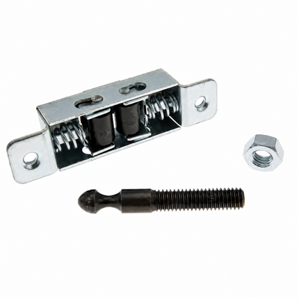 A metal latch release bolt assembly with a silver metal latch body, black release springs, a black thumb turn, and a matching silver hex nut, shown on a white background.