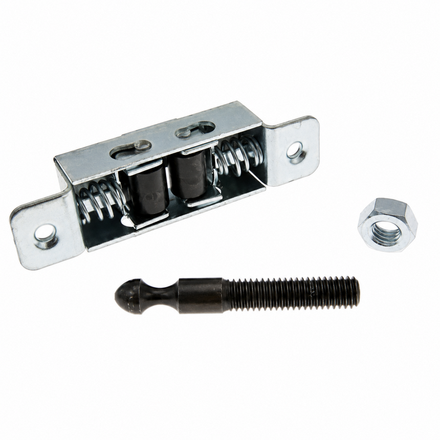 A metal latch release bolt assembly with a silver metal latch body, black release springs, a black thumb turn, and a matching silver hex nut, shown on a white background.