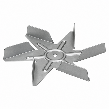 A six-blade stainless steel mixing or circulation fan blade, isolated on a white background.