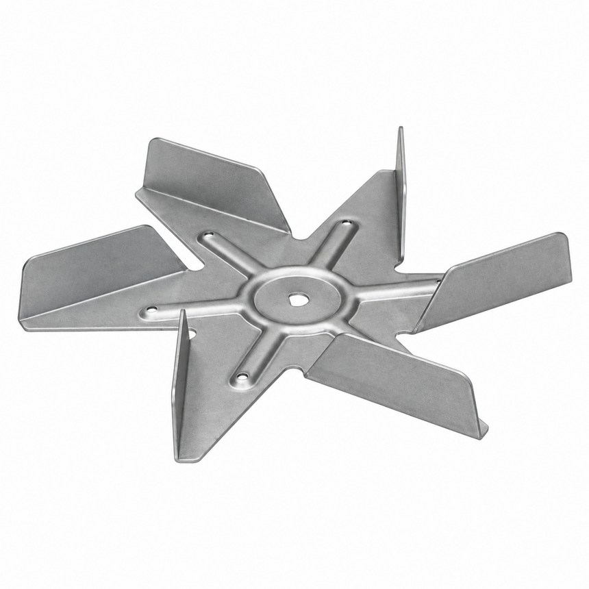 A six-blade stainless steel mixing or circulation fan blade, isolated on a white background.