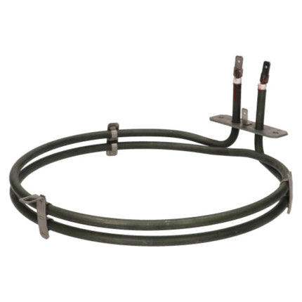 Oval-shaped metal heating element with three probes on a white background