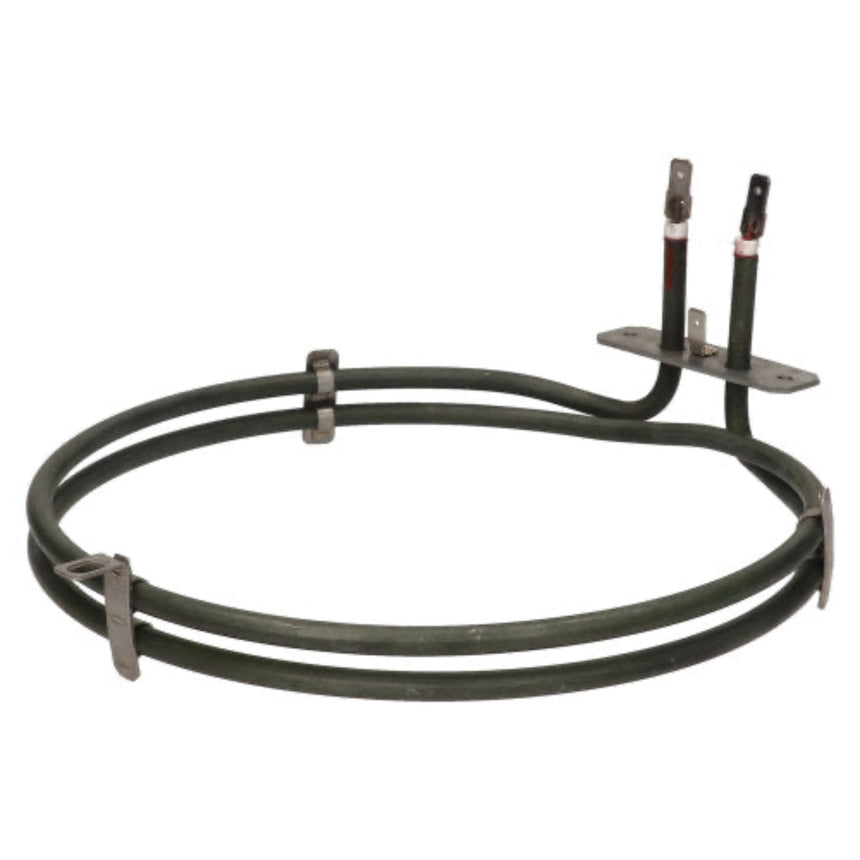 Oval-shaped metal heating element with three probes on a white background