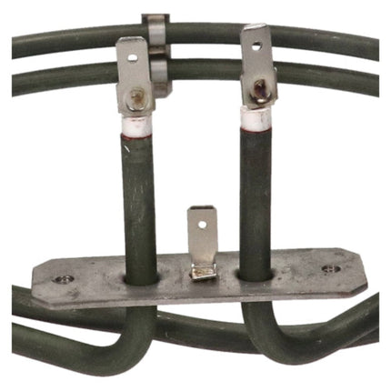 Metal electrical connector with green cables on a white background