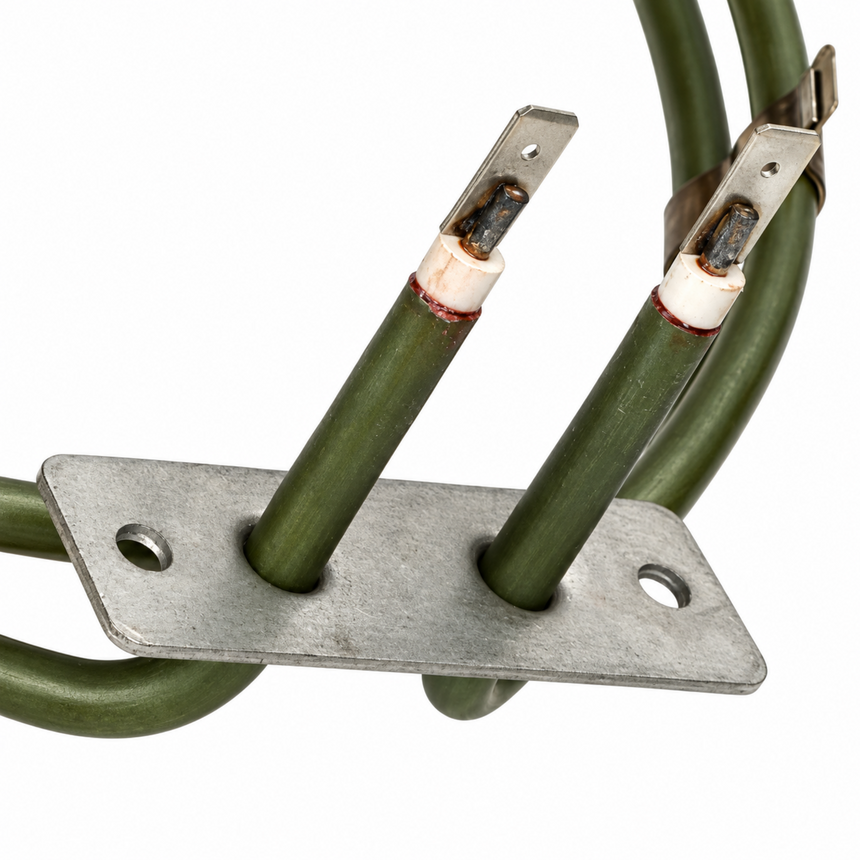 Close-up of a green metal heating element coil with a silver rectangular mounting plate and exposed copper terminals on a white background.
