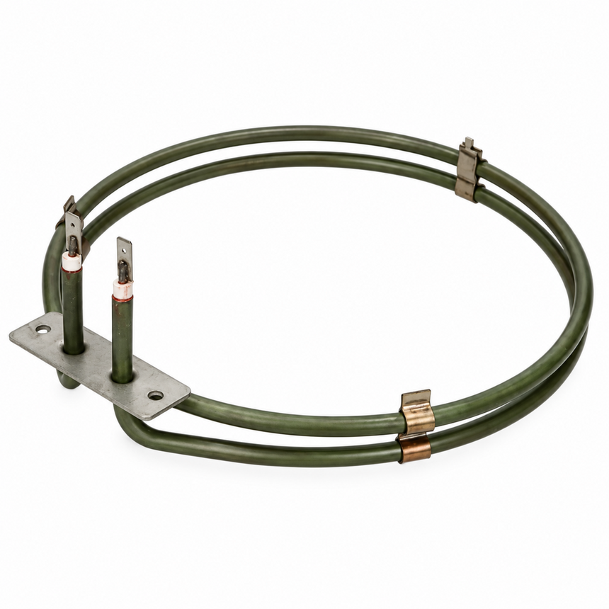 A double-heater coil replacement for a refrigerator, featuring olive green insulated coils, a flat metal mounting plate, and copper-colored terminal connectors, shown on a white background.