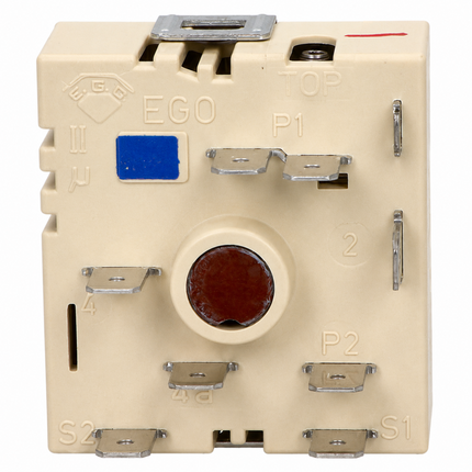 An industrial electrical relay component with a beige plastic housing, featuring a central red push-button, silver metal terminals, and a blue square accent on a white background.
