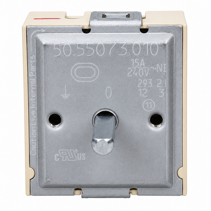 A square electrical contact relay or switch component with a silver metal faceplate, beige plastic side housing, and a central silver lever, photographed on a plain white background.