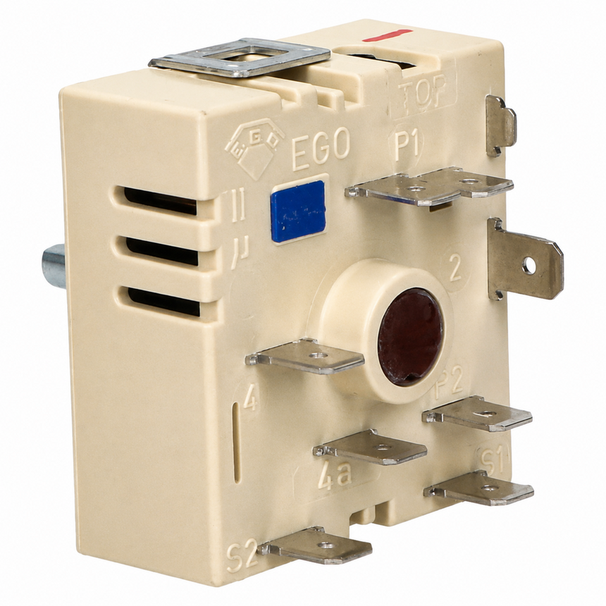 A beige plastic electrical relay component with metal terminal blocks, a blue square sticker, and printed markings including EGO, P1, and terminal labels, shown on a white background.