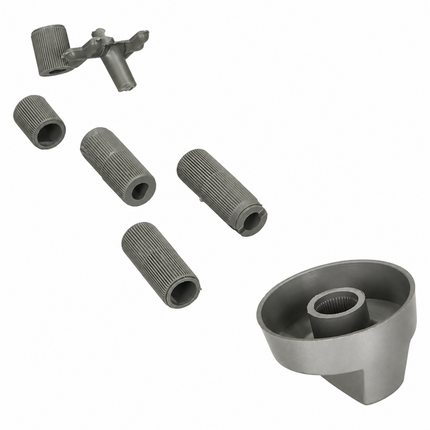 A set of gray metal mechanical parts, including four threaded cylindrical bushings and one larger angled bearing cup, arranged on a plain white background.