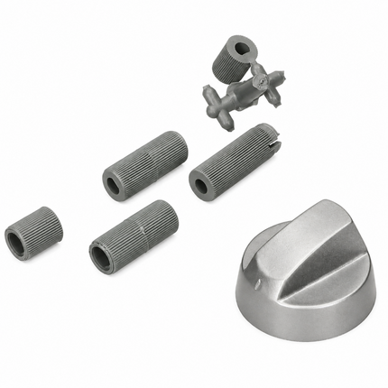 A set of metallic gray threaded mounting components and a matching metal cap, arranged on a plain white background.