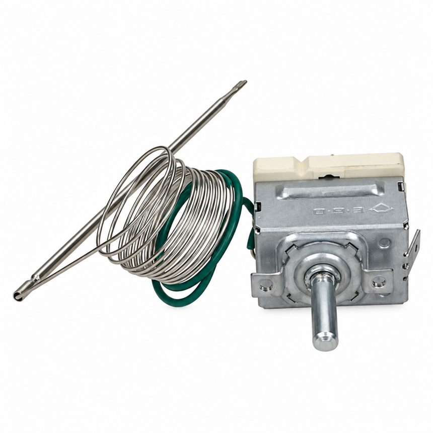 A replacement kitchen appliance thermal switch and temperature sensor probe assembly, featuring a silver metal motor housing, a silver probe, a coiled wire element with a green wire, and a beige plastic terminal cover, shown on a white background.
