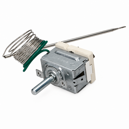 A metal temperature control motor module with a coiled spring, green plastic gasket, and long metal probe, shown on a white background.
