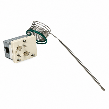 A thermal relay contact module with a coiled metal heating element and a long metal probe, shown on a plain white background.