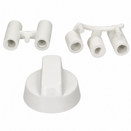 Three white plastic replacement parts for a double-head bottle mixer, including two cylindrical nozzles and a central mixing hub, shown on a plain white background.