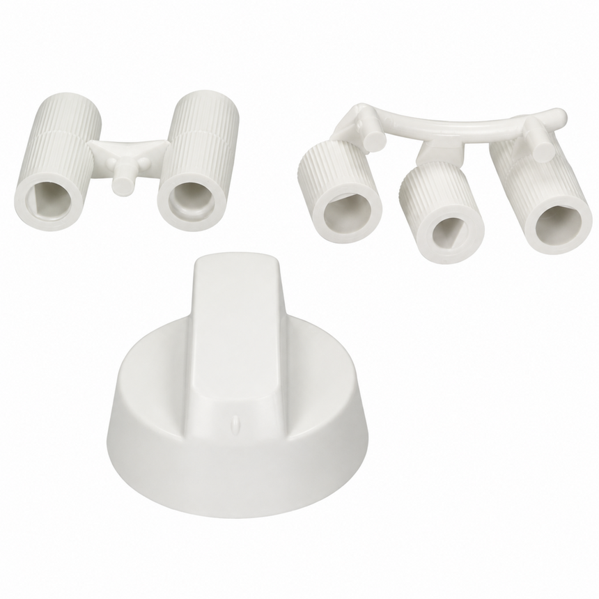 Three white plastic replacement parts for a double-head bottle mixer, including two cylindrical nozzles and a central mixing hub, shown on a plain white background.