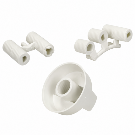 Three white plastic cylindrical hardware components with ribbed ends and angled mounting arms, shown on a plain white background.