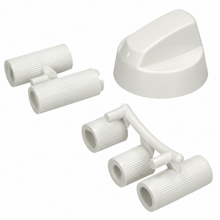 White plastic double spout faucet adapter parts and a matching white plastic trim cap, shown on a clean white background.