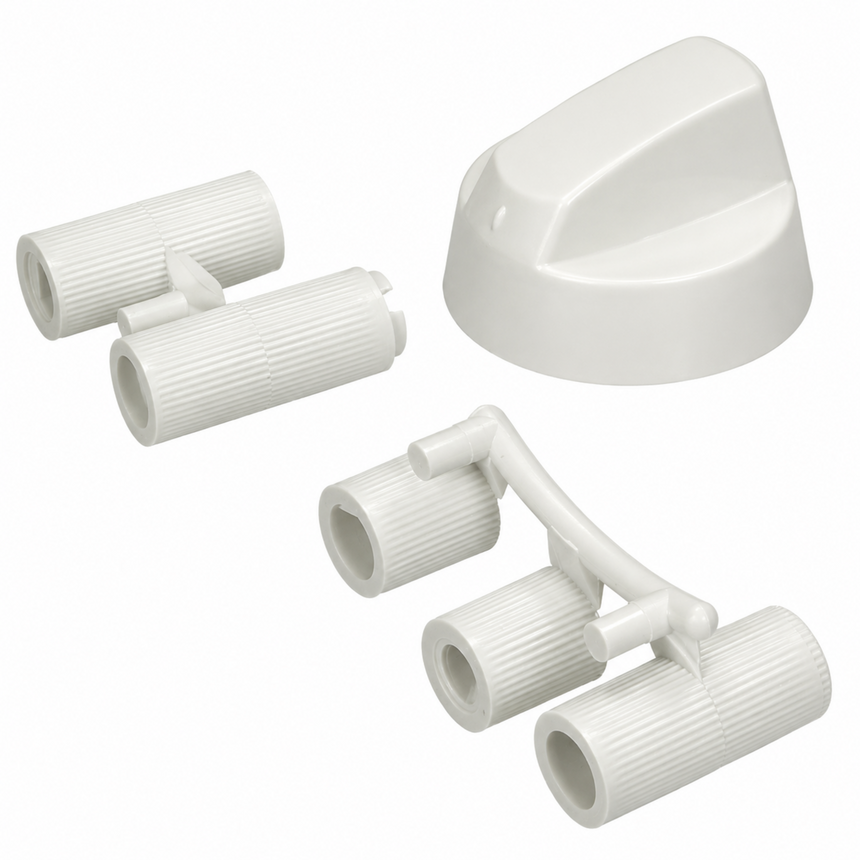 White plastic double spout faucet adapter parts and a matching white plastic trim cap, shown on a clean white background.