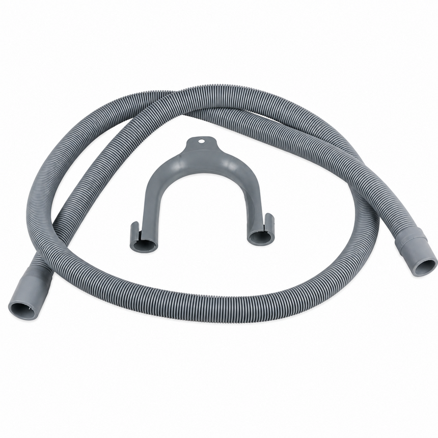 A gray corrugated flexible hose with two connector ends and a matching gray plastic U-shaped bracket, shown on a plain white background.