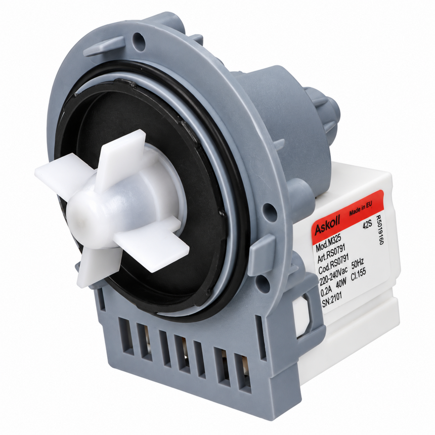 An Askoll water pump motor assembly with a gray plastic housing, white impeller, and white electrical connector block with a red and white label.