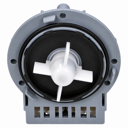 A gray plastic pump housing with a white three-blade impeller inside a black circular chamber, shown against a plain white background.