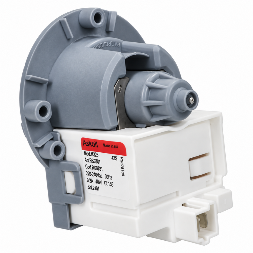 A grey and white electrical pump motor assembly with a white terminal box and a red Askoll label, shown on a plain white background.