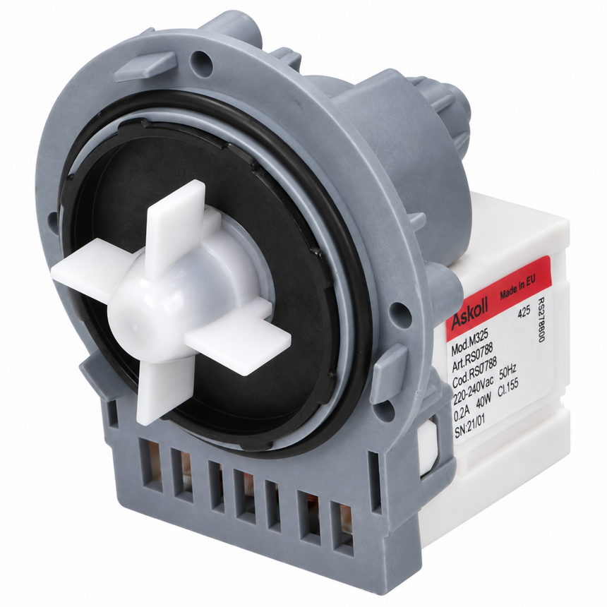 A gray and white Askoll water pump motor with a white plastic impeller and a black circular ring, shown on a clean white background.