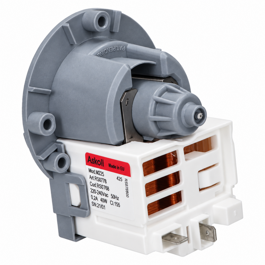 An electrical motor component, specifically an Astcil pump motor with a gray plastic housing and a white terminal base, shown on a solid white background.