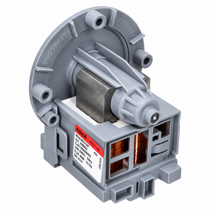 A gray plastic appliance replacement part, likely a pump or motor assembly, featuring a copper coil inside a gray housing with a white label.