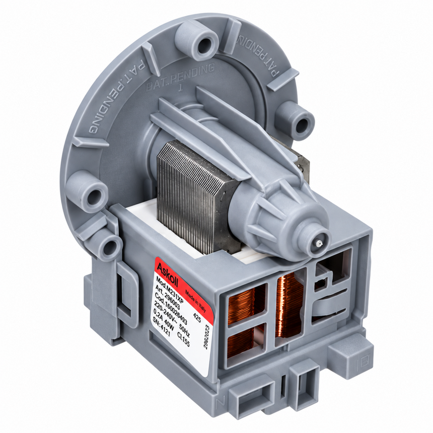 A gray plastic appliance replacement part, likely a pump or motor assembly, featuring a copper coil inside a gray housing with a white label.
