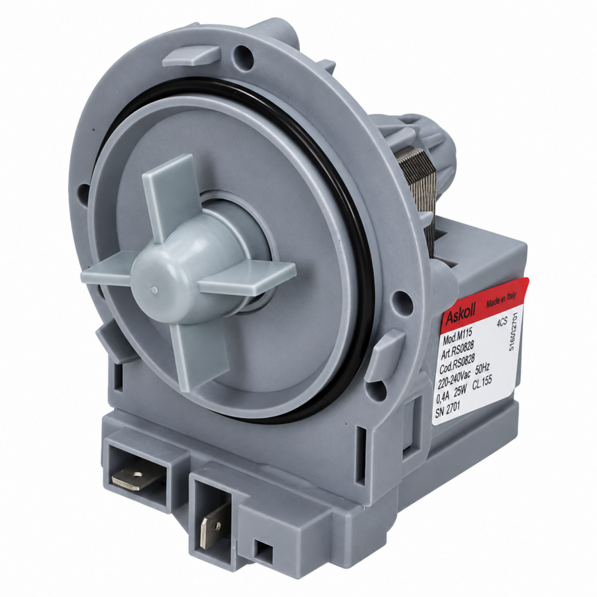 A gray plastic appliance water pump motor with a three-blade impeller and a side label reading Askoll.