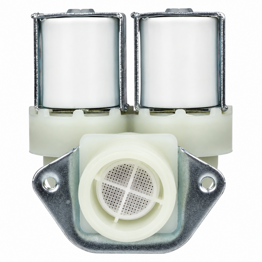 A dual-cylinder water heater replacement valve with two white plastic cylinders, a white plastic base, a white filter screen, and a galvanized steel mounting bracket, shown on a white background.