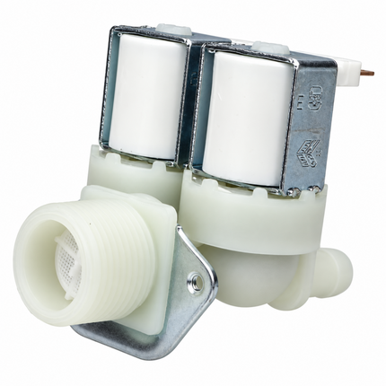 A double-channel water supply valve with white ceramic solenoid coils, a silver metal mounting bracket, and white plastic fittings, shown on a solid white background.
