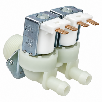 A double-inlet water valve solenoid with white plastic bodies, silver metal coils, and copper-colored terminal posts, shown on a white background.