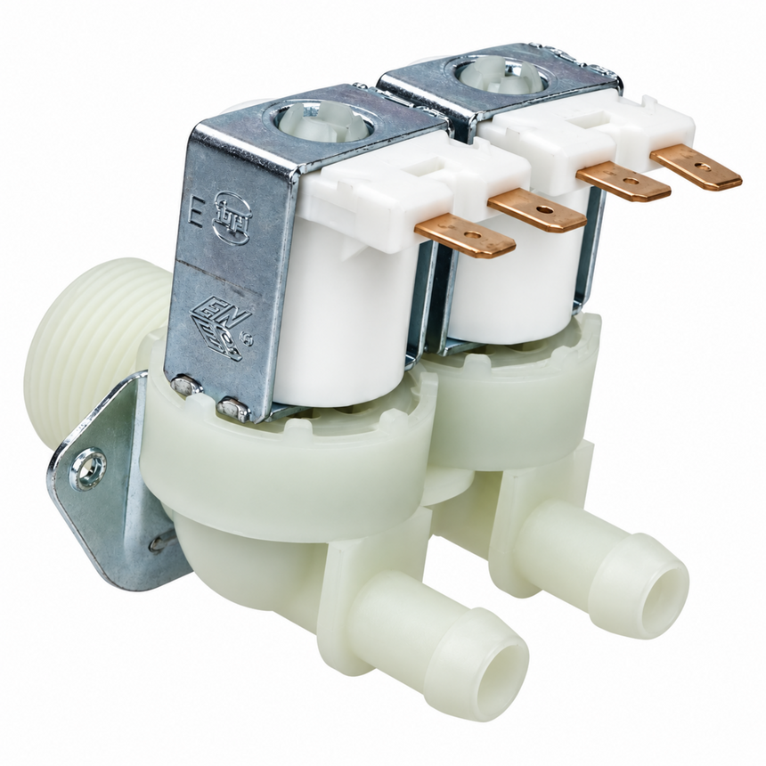 A double-inlet water valve solenoid with white plastic bodies, silver metal coils, and copper-colored terminal posts, shown on a white background.