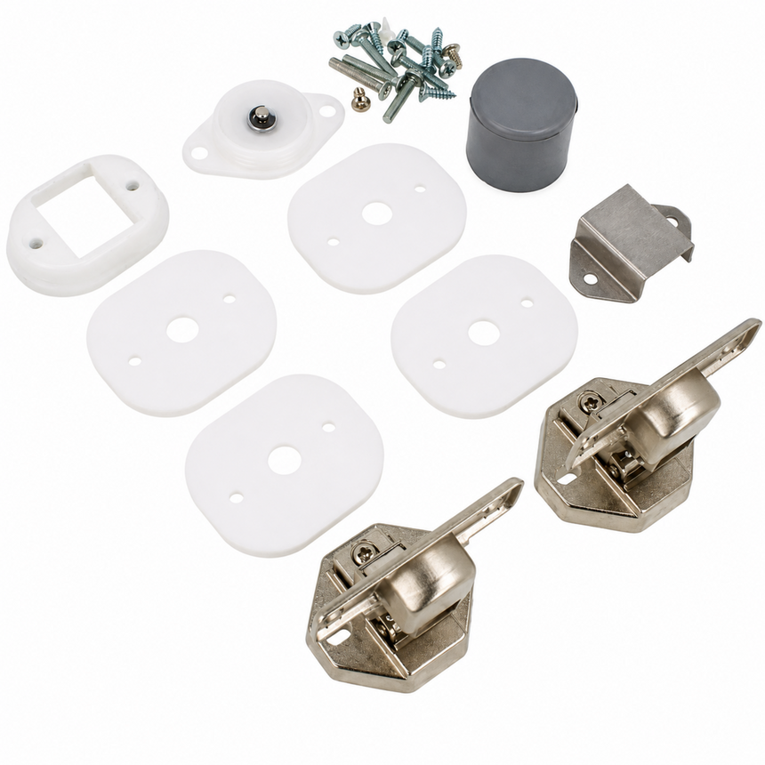 Set of hardware components including white plastic plates, screws, and metal brackets on a white background.