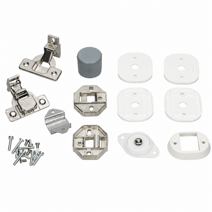 Set of cabinet hinges and hardware components on a white background
