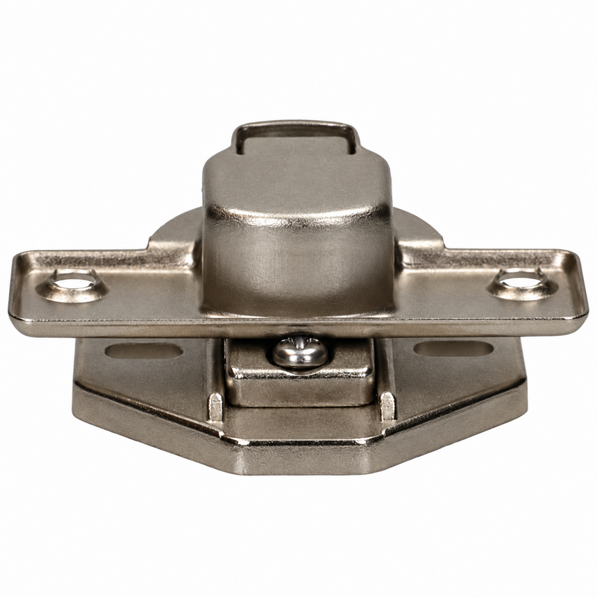 A brushed silver metal cabinet hinge component, photographed from a direct front angle against a solid white background.