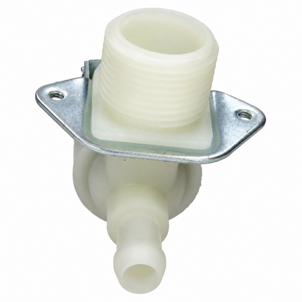 White mechanical component with metal bracket on a white background