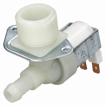 Mechanical component with white plastic parts and metal bracket on a white background