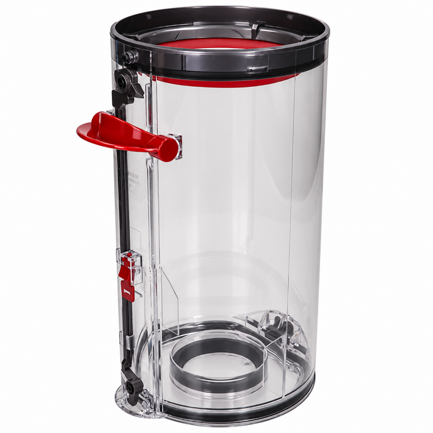 A clear cylindrical plastic container with a transparent body, black rim and lid, and red latch/handle details, shown on a plain white background.