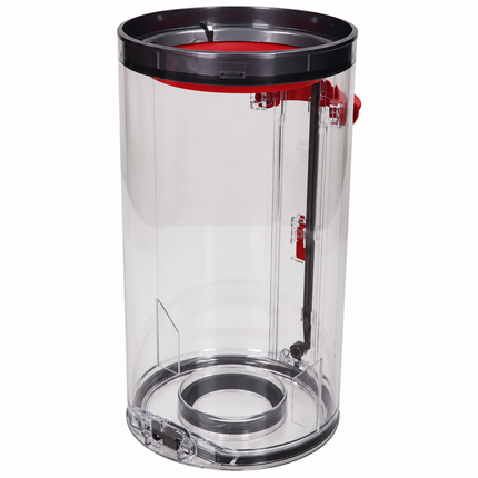 A clear cylindrical plastic container with a black lid and red interior accents, shown on a plain white background.