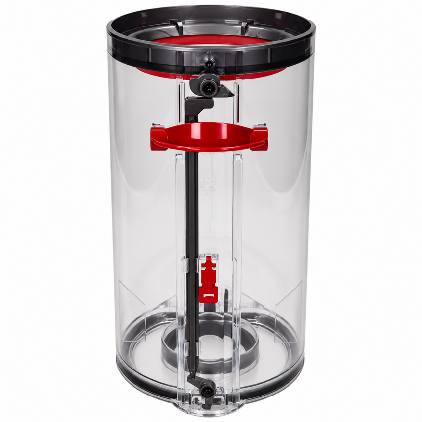 A transparent cylindrical plastic canister with red and black components, shown on a plain white background.