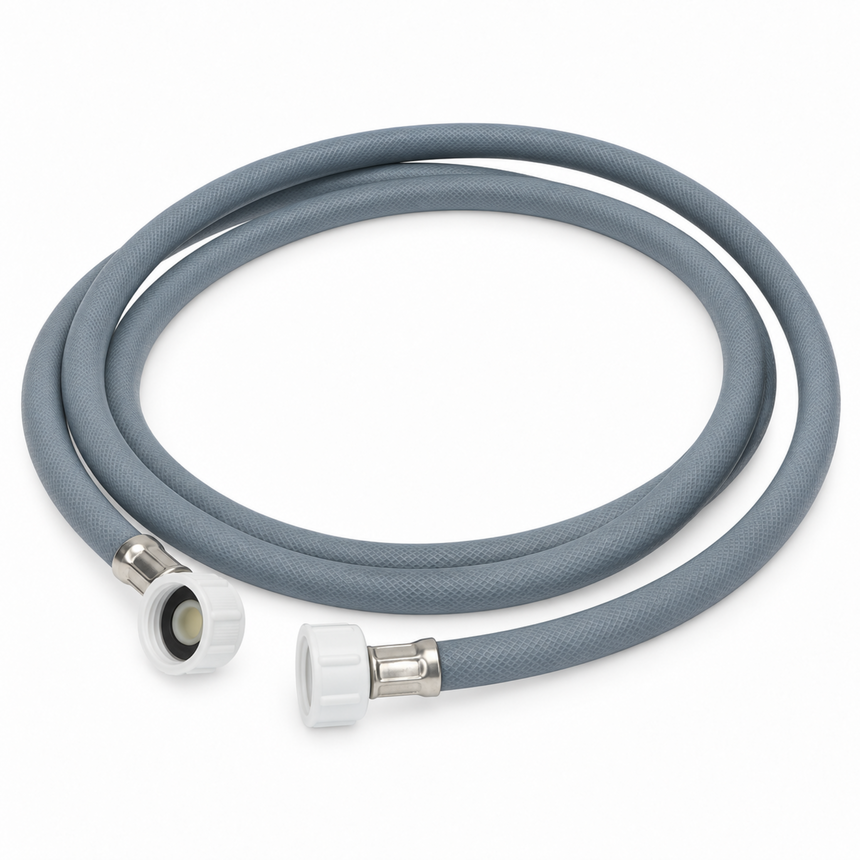 A coiled gray braided water supply hose with white plastic connectors and silver metal fittings, shown on a plain white background.
