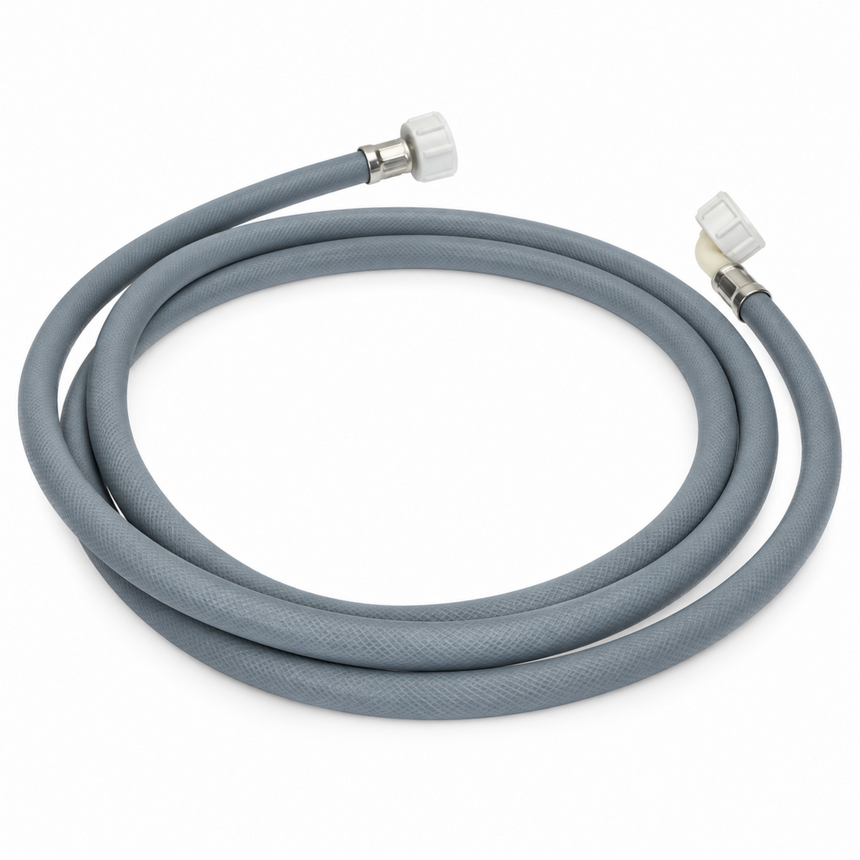 A coiled gray flexible hose with white plastic connectors on both ends, photographed on a clean white background.