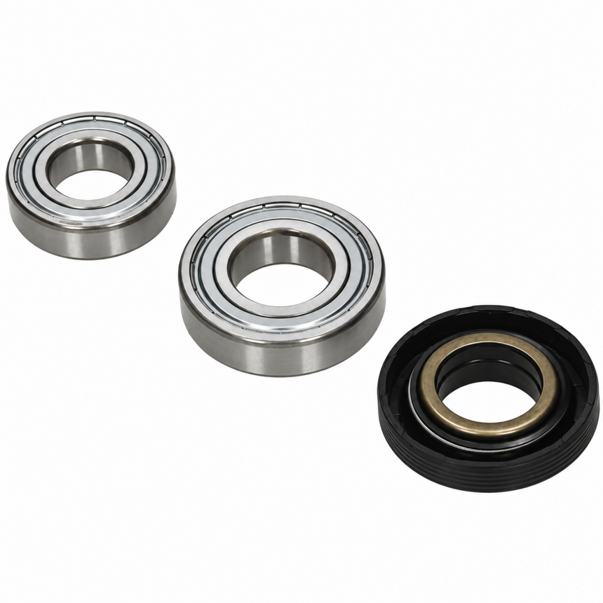 Two silver metal ball bearings and one black rubber seal with a gold-colored inner ring, arranged on a plain white background.