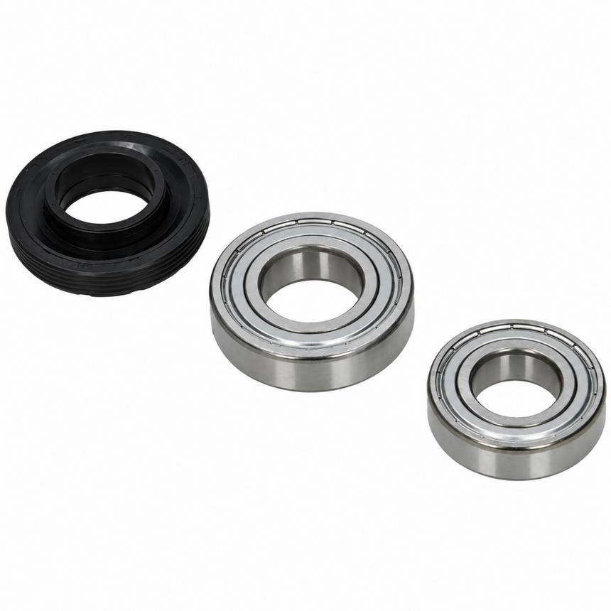 A set of three mechanical components on a plain white background: a black rubber seal on the left, a larger silver ball bearing in the center, and a smaller silver ball bearing on the right.
