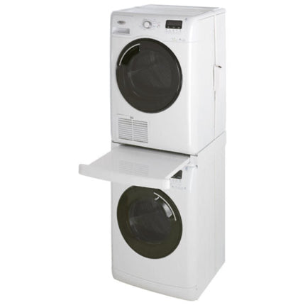 White stacked washer and dryer set on a white background