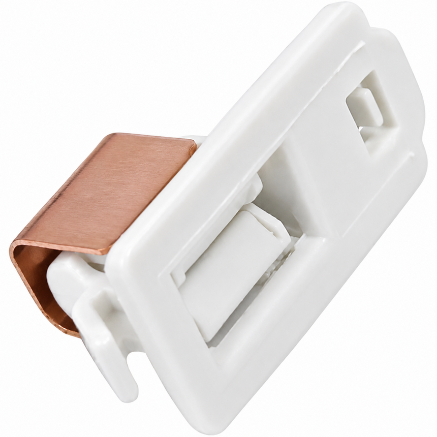 White plastic clip with a copper strip on a white background