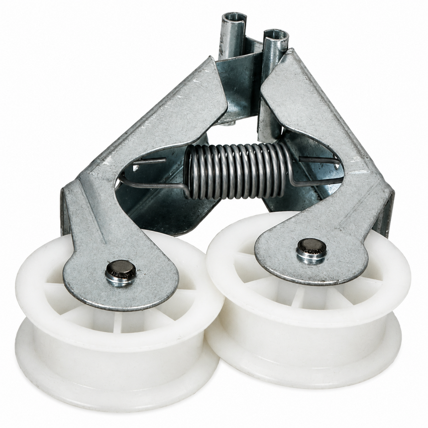 A metal and plastic pulley system component with two white plastic wheels and a silver metal frame and spring, shown on a white background.